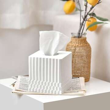White Tissue Box Cover Square, Tissue Box Holder for Bathroom Countertop,Vanity, Tabletop, Bedroom Night Stand,Office and Living Room Decorative - Modern Geometric Striped Tissue Paper Dispenser