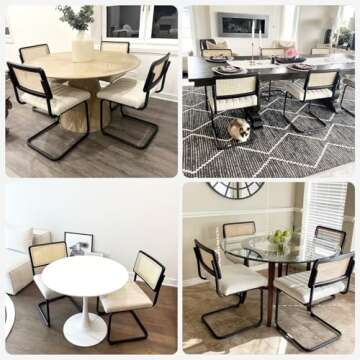 ONEVOG Mid-Century Modern Dining Chair, Natural Mesh Rattan Backrest, Upholstered Fabrics Seat, Armless Chairs with Metal Legs for Home Kitchen Dining Room, Set of 2, Beige