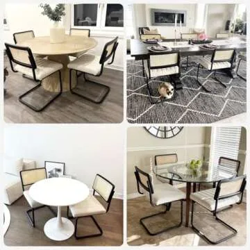 ONEVOG Mid-Century Modern Dining Chair, Natural Mesh Rattan Backrest, Upholstered Fabrics Seat, Armless Chairs with Metal Legs for Home Kitchen Dining Room, Set of 2, Beige