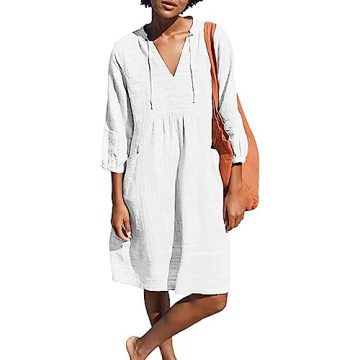 Lafural Womens V Neck Cotton Casual Loose Shift Tunic Smock Summer Dresses Vacation Dress 3/4 Sleeve...