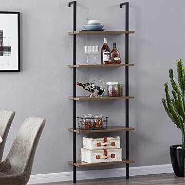 SUPERJARE Industrial Ladder Shelf, 5-Tier Wood Wall-Mounted Bookcase with Stable Metal Frame, 72 Inc...
