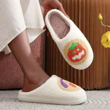 LNERIP Women's Men's Cookie Slippers Pumpkin Lantern Slippers Memory Foam Warm Plush Funny Halloween Slippers Embroidery Print House Shoes 43-44