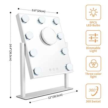 MiroFan Vanity Mirror with Lights Hollywood Mirror Lighted Makeup Mirror with Dimmable&3 Color Modes Lights, 9 LED Bulbles with Detachable 10X Magnification Mirror Lighted Makeup Mirror