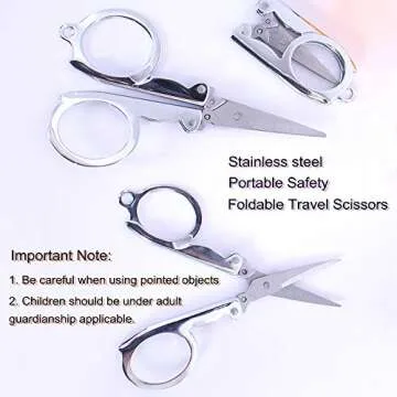 Foldable Small Scissors,Portable Mini Travel Scissor,Big Size Stainless Steel Folding Scissors with Keychain Pointy Small Sewing Fold Up Scissors Craft Camping 4 pack