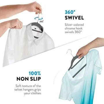 Zober Velvet Hangers 20 Pack - Clothes Hanger W/Tie Bar - Non-Slip, Swivel Hook, Slim Felt Hangers - Suits, Clothes, Pants, Coat Hanger - Gray