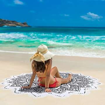Large Microfiber Boho Mandala Beach Towel Round Bohemian Beach Blanket Hippie Indian Throw Blanket Beach Tapestry Sand Free Quick Dry Picnic Meditation Mat Wall Decor Circle Tablecloth,59'',Black