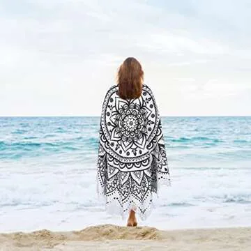 Large Microfiber Boho Mandala Beach Towel Round Bohemian Beach Blanket Hippie Indian Throw Blanket Beach Tapestry Sand Free Quick Dry Picnic Meditation Mat Wall Decor Circle Tablecloth,59'',Black