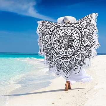 Large Microfiber Boho Mandala Beach Towel Round Bohemian Beach Blanket Hippie Indian Throw Blanket Beach Tapestry Sand Free Quick Dry Picnic Meditation Mat Wall Decor Circle Tablecloth,59'',Black