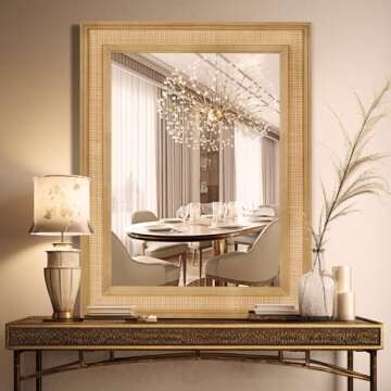 WallBeyond Rattan Wall Mirror Rectangle, 27 X 34 inch Rattan Mirror with Wooden Framed for Wall Deco...