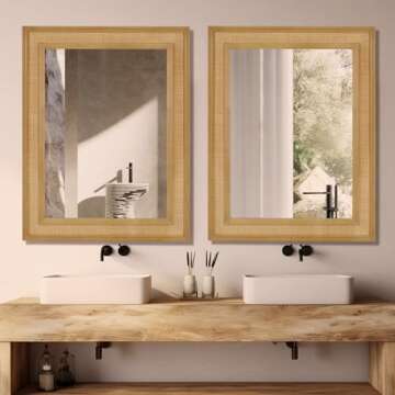WallBeyond Rattan Wall Mirror Rectangle, 27 X 34 inch Rattan Mirror with Wooden Framed for Wall Decor Bathroom, Living Room, Entryway, Farmhouse, Bedroom