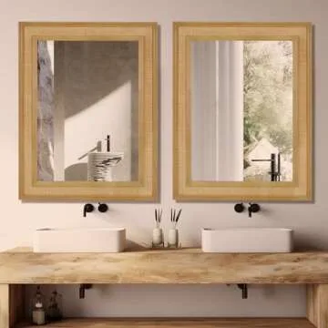 WallBeyond Rattan Wall Mirror Rectangle, 27 X 34 inch Rattan Mirror with Wooden Framed for Wall Decor Bathroom, Living Room, Entryway, Farmhouse, Bedroom
