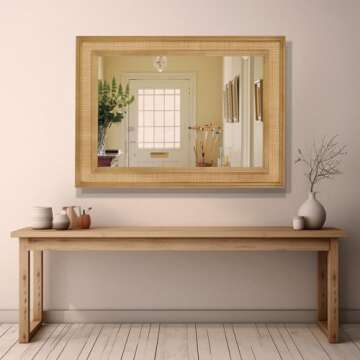 WallBeyond Rattan Wall Mirror Rectangle, 27 X 34 inch Rattan Mirror with Wooden Framed for Wall Decor Bathroom, Living Room, Entryway, Farmhouse, Bedroom