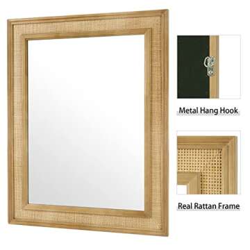 WallBeyond Rattan Wall Mirror Rectangle, 27 X 34 inch Rattan Mirror with Wooden Framed for Wall Decor Bathroom, Living Room, Entryway, Farmhouse, Bedroom