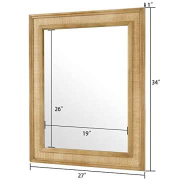 WallBeyond Rattan Wall Mirror Rectangle, 27 X 34 inch Rattan Mirror with Wooden Framed for Wall Decor Bathroom, Living Room, Entryway, Farmhouse, Bedroom