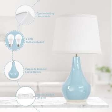 Seealle 19.4" Modern Ceramic Table Lamps for Night Stands - Bedside Lamps Set of 2 for Nightstand, Blue Bedroom Lamp for Living Room Cute Desk End Table Office Guest Room Dresser Rocker Swtich