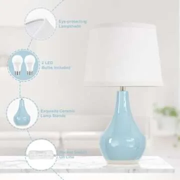 Seealle 19.4" Modern Ceramic Table Lamps for Night Stands - Bedside Lamps Set of 2 for Nightstand, Blue Bedroom Lamp for Living Room Cute Desk End Table Office Guest Room Dresser Rocker Swtich
