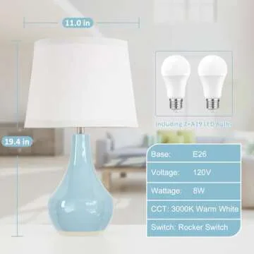 Seealle 19.4" Modern Ceramic Table Lamps for Night Stands - Bedside Lamps Set of 2 for Nightstand, Blue Bedroom Lamp for Living Room Cute Desk End Table Office Guest Room Dresser Rocker Swtich