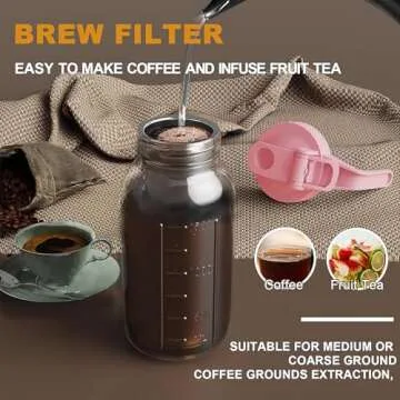 JunVpic Cold Brew Coffee Maker Jar - 64oz Thick Glass Multipurpose Mason Pitcher Spout Lid with Handle & Stainless Steel Filter for Iced Coffee, Lemonade, Ice Tea, Homemade Fruit Drinks Container