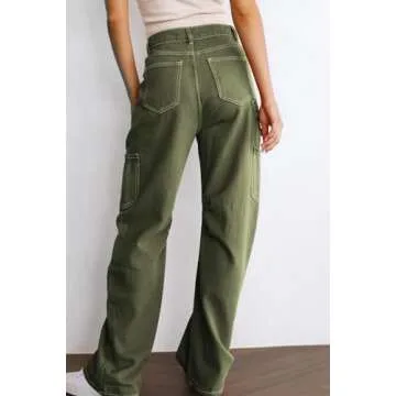 Dokotoo Cargo Pants Women High Waisted Baggy Wide Leg Dress Pants Women Womens TrousersPants Straight Leg Jeans for Women Trendy Baggy Y2K Trousers with Pockets Green