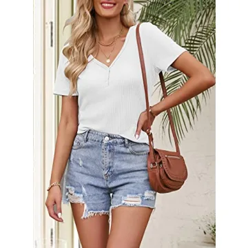 MEROKEETY Women's V Neck Ribbed Knit Summer Tops
