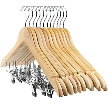 Tosnail 12-Pack Wooden Pant Hangers with Steel Clips - Natural Wood Collection