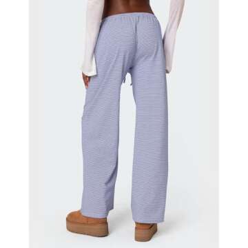 Ugerlov Women's Wide Leg Striped Pants Casual Drawstring Elastic Low Rise Pajama Pants Lounge Wear Trousers, Blue M