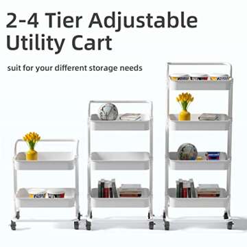 Semounva 4 Tier Rolling Utility Cart with Lockable Wheels, Easy to Assemble Rolling Cart Organizer, ...