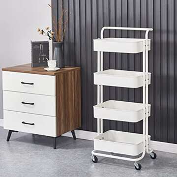 Semounva 4 Tier Rolling Utility Cart with Lockable Wheels, Easy to Assemble Rolling Cart Organizer, Multi-Purpose Storage Cart on Wheels with Mesh Basket for Kitchen, Bathroom, Living Room, Office