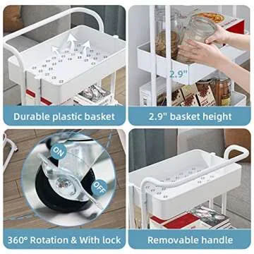 Semounva 4 Tier Rolling Utility Cart with Lockable Wheels, Easy to Assemble Rolling Cart Organizer, Multi-Purpose Storage Cart on Wheels with Mesh Basket for Kitchen, Bathroom, Living Room, Office