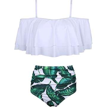 Tempt Me Women White Leaf Two Piece High Waisted Bikini Set Swimsuit Off Shoulder Ruffle Bathing Sui...