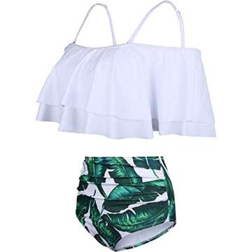 Tempt Me Women White Leaf Two Piece High Waisted Bikini Set Swimsuit Off Shoulder Ruffle Bathing Suits Tummy Control Ruched Swimwear M