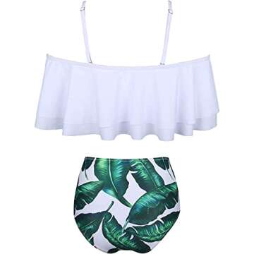 Tempt Me Women White Leaf Two Piece High Waisted Bikini Set Swimsuit Off Shoulder Ruffle Bathing Suits Tummy Control Ruched Swimwear M