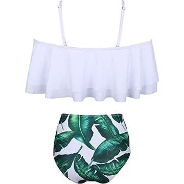 Tempt Me Women White Leaf Two Piece High Waisted Bikini Set Swimsuit Off Shoulder Ruffle Bathing Suits Tummy Control Ruched Swimwear M
