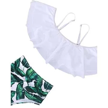 Tempt Me Women White Leaf Two Piece High Waisted Bikini Set Swimsuit Off Shoulder Ruffle Bathing Suits Tummy Control Ruched Swimwear M