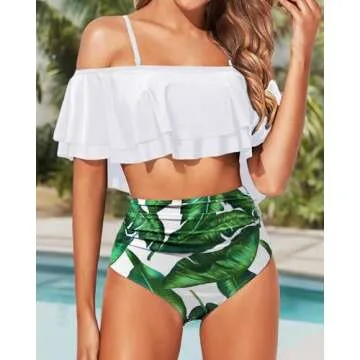 Tempt Me Women White Leaf Two Piece High Waisted Bikini Set Swimsuit Off Shoulder Ruffle Bathing Suits Tummy Control Ruched Swimwear M