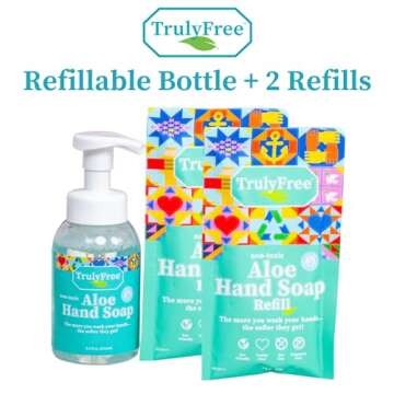 Truly Free Aloe Unscented Hand Soap - 10x Concentrated Aloe Vera, Non-Drying Gentle Cleanser - Bathroom Hand Soap - 1 Empty Bottle with Foaming Dispenser Pump + 2 Moisturizing Hand Soap Refill Pouches