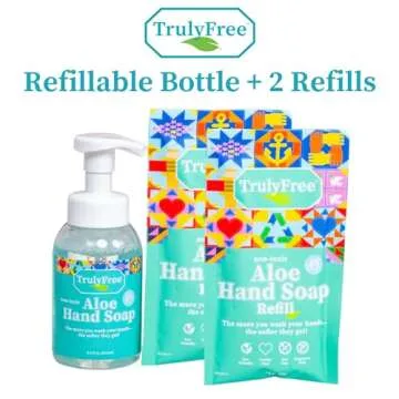 Truly Free Aloe Unscented Hand Soap - 10x Concentrated Aloe Vera, Non-Drying Gentle Cleanser - Bathroom Hand Soap - 1 Empty Bottle with Foaming Dispenser Pump + 2 Moisturizing Hand Soap Refill Pouches