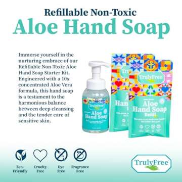 Truly Free Aloe Unscented Hand Soap - 10x Concentrated Aloe Vera, Non-Drying Gentle Cleanser - Bathroom Hand Soap - 1 Empty Bottle with Foaming Dispenser Pump + 2 Moisturizing Hand Soap Refill Pouches