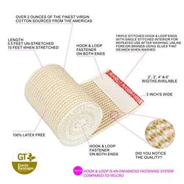 Premium Elastic Bandage Wraps (4" 2Pack & 3" 2Pack) -Made of Grown Organic Cotton - Hook & Loop Fasteners at Both Ends - GT Latex Free Hypoallergenic Compression Roll for Sprains & Injuries