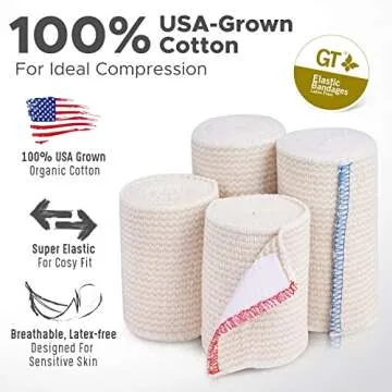 Premium Elastic Bandage Wraps (4" 2Pack & 3" 2Pack) -Made of Grown Organic Cotton - Hook & Loop Fasteners at Both Ends - GT Latex Free Hypoallergenic Compression Roll for Sprains & Injuries