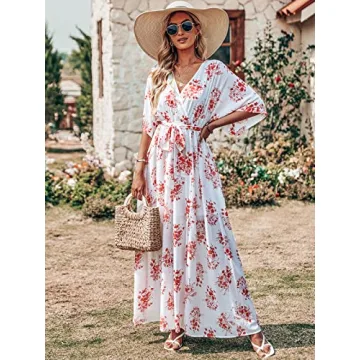 ANRABESS Women’s Summer Loose Boho Flowy Wrap V Neck 3/4 Sleeve Floral Print Slit Beach Wedding Guest Long Maxi Dresses 2024 Red Flor X-Large