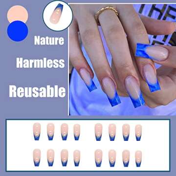 QINGGE Navy Blue French Tip Press on Nails Medium Length Coffin Glossy Fake Nails Tips Full Cover Wa...