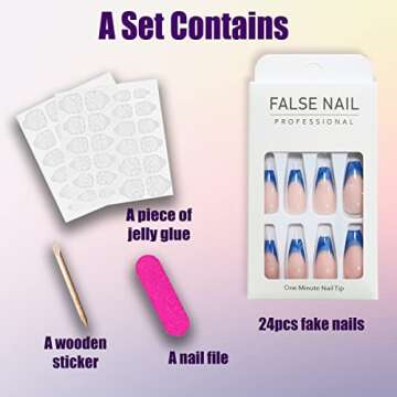 QINGGE Navy Blue French Tip Press on Nails Medium Length Coffin Glossy Fake Nails Tips Full Cover Wave Design Stick on Nails with Glue Exquisite Acrylic Nails Summer Beach False Nails for Women