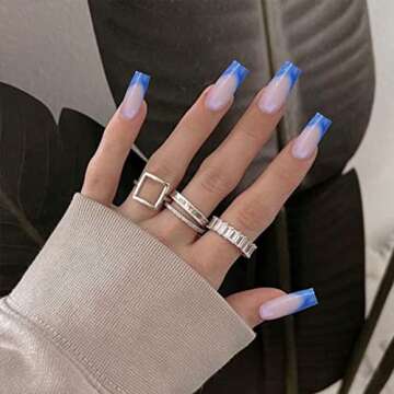 QINGGE Navy Blue French Tip Press on Nails Medium Length Coffin Glossy Fake Nails Tips Full Cover Wave Design Stick on Nails with Glue Exquisite Acrylic Nails Summer Beach False Nails for Women