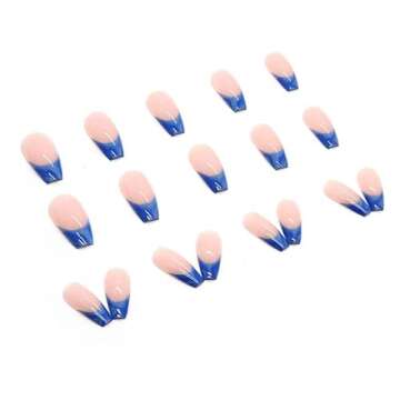 QINGGE Navy Blue French Tip Press on Nails Medium Length Coffin Glossy Fake Nails Tips Full Cover Wave Design Stick on Nails with Glue Exquisite Acrylic Nails Summer Beach False Nails for Women