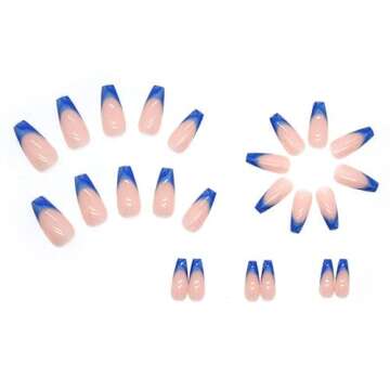 QINGGE Navy Blue French Tip Press on Nails Medium Length Coffin Glossy Fake Nails Tips Full Cover Wave Design Stick on Nails with Glue Exquisite Acrylic Nails Summer Beach False Nails for Women