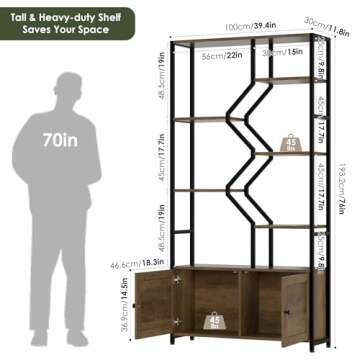 76" Tall Shelf with Storage Cabinet Doors, 6 Tier Open Bookshelf for Multi-use Display, Staggered Bo...