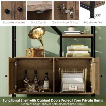 76" Tall Shelf with Storage Cabinet Doors, 6 Tier Open Bookshelf for Multi-use Display, Staggered Book Shelf Etagere Bookcase for Home Office/Living Room, Deep Metal & Wood Accent Shelf, Rustic Brown