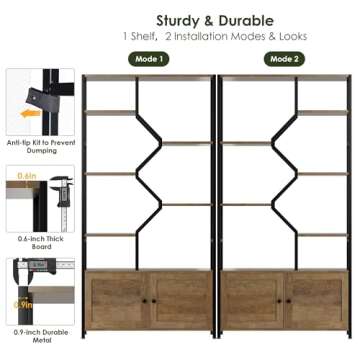 76" Tall Shelf with Storage Cabinet Doors, 6 Tier Open Bookshelf for Multi-use Display, Staggered Book Shelf Etagere Bookcase for Home Office/Living Room, Deep Metal & Wood Accent Shelf, Rustic Brown