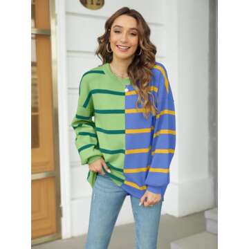 Fisoew Womens Striped Pullover Sweater Crew Neck Long Sleeve Knitted Color Block Casual Loose Lightw...